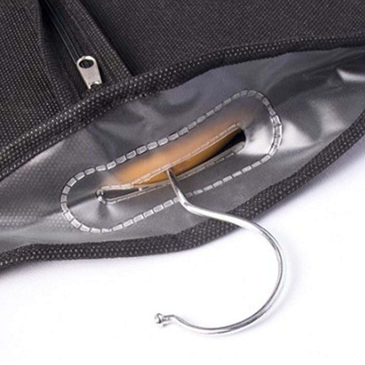 Suit Dust Cover in black textured non-woven fabric with a reinforced hanger opening, zipper, and metal hook