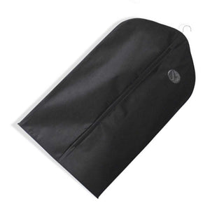 Suit Dust Cover in black non-woven fabric, with a full-length front zipper and a rounded hanging shape