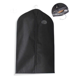 Suit Dust Cover in black non-woven fabric, with a full-length front zipper, hanging hook opening and oval label