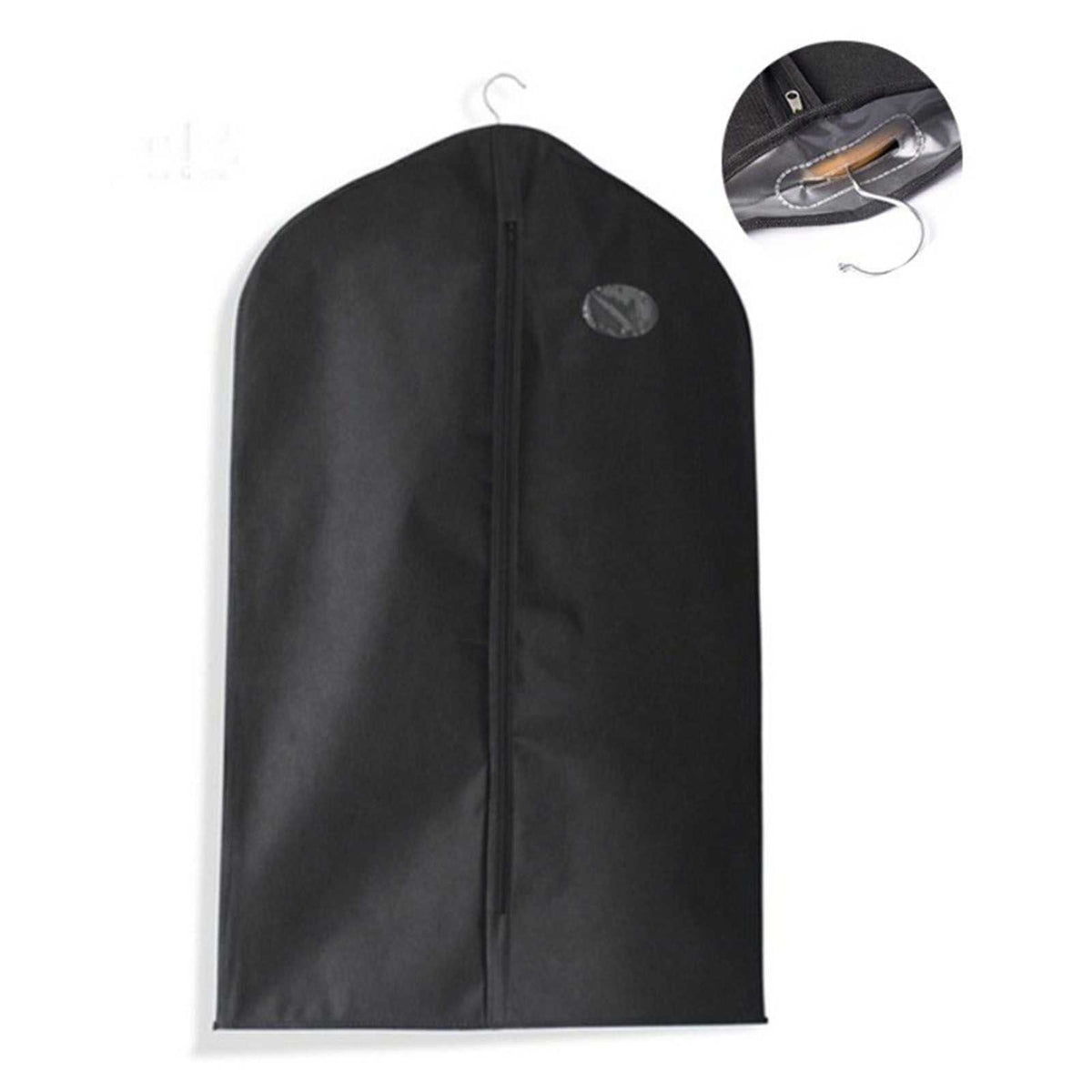 Suit Dust Cover in black non-woven fabric, with a full-length front zipper, hanging hook opening and oval label
