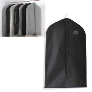 Suit Dust Cover in black non-woven fabric with a full-length front zipper and hanging hook opening