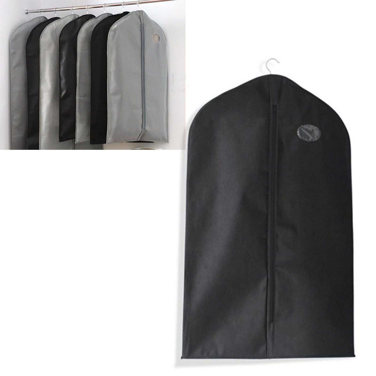 Suit Dust Cover in black non-woven fabric with a full-length front zipper and hanging hook opening
