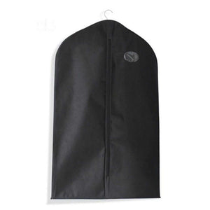 Suit Dust Cover in black non-woven fabric, with a full-length front zipper, hanger hook and small oval label