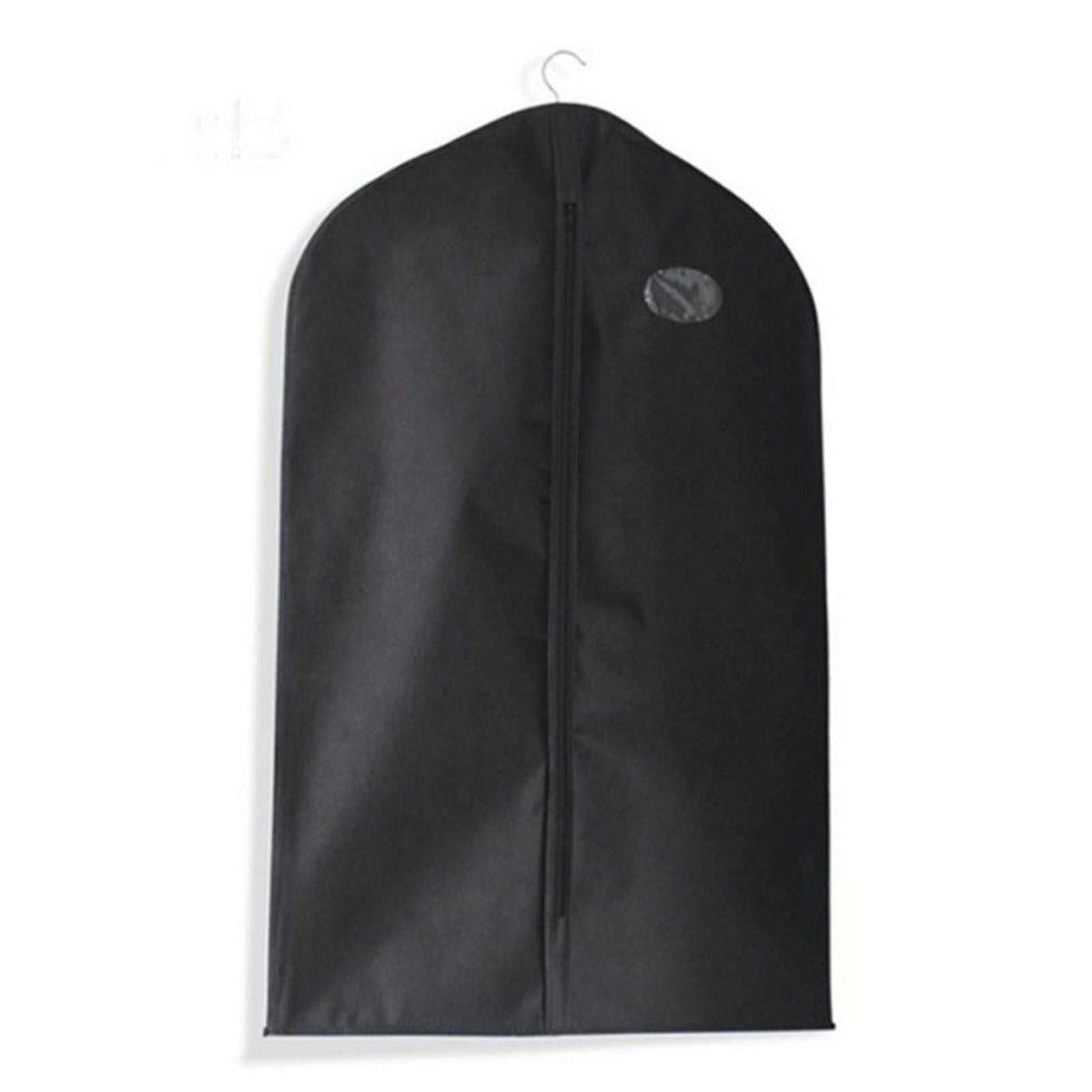 Suit Dust Cover in black non-woven fabric, with a full-length front zipper, hanger hook and small oval label