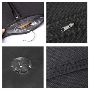 Suit Dust Cover in black non-woven fabric with a hanging opening, silver zipper, and water-resistant surface