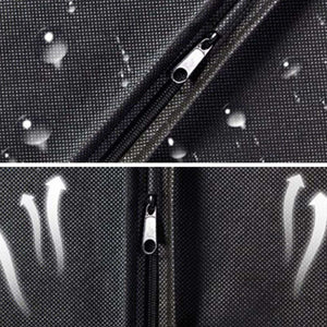 Suit Dust Cover in black non-woven fabric with a fine textured weave, zipper closure and water-beading surface