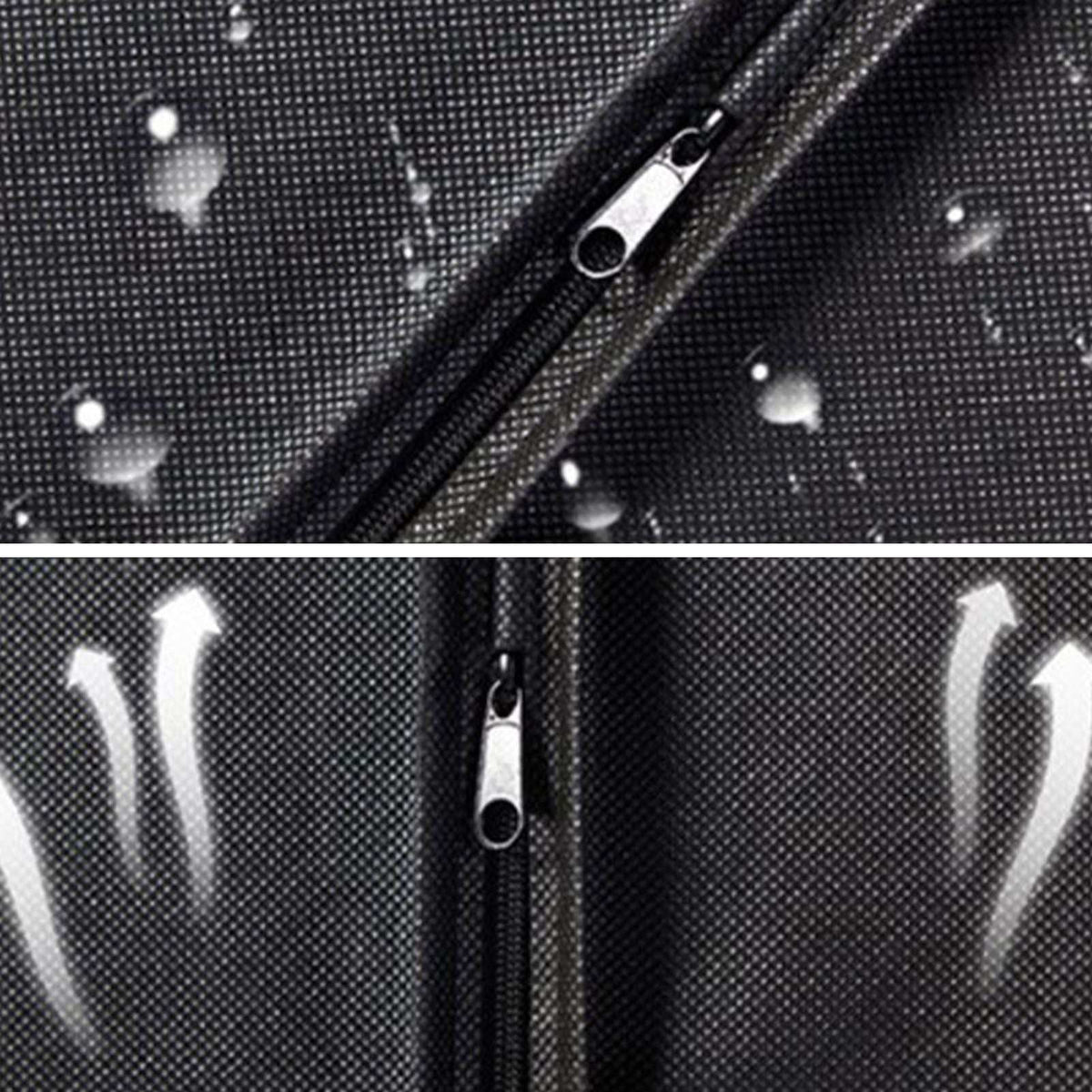 Suit Dust Cover in black non-woven fabric with a fine textured weave, zipper closure and water-beading surface