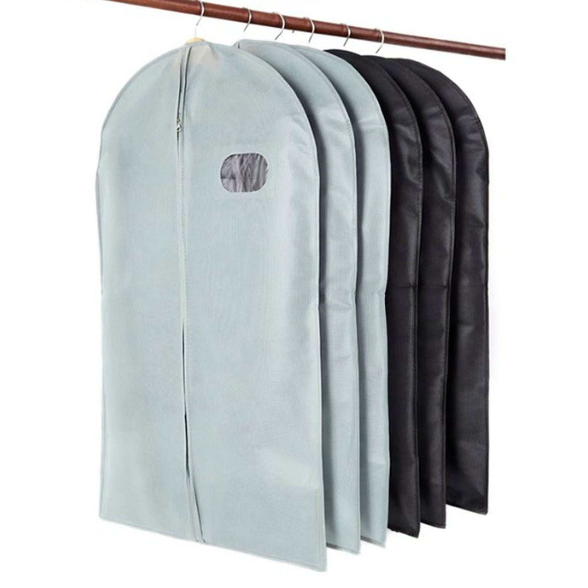Suit Dust Cover garment bags in pale grey and black non-woven fabric, with zip fronts and clear viewing windows