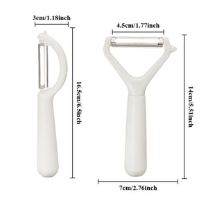 Swivel Vegetable Peeler with a white plastic handle and horizontal stainless steel blade, shown from two sides with dimensions