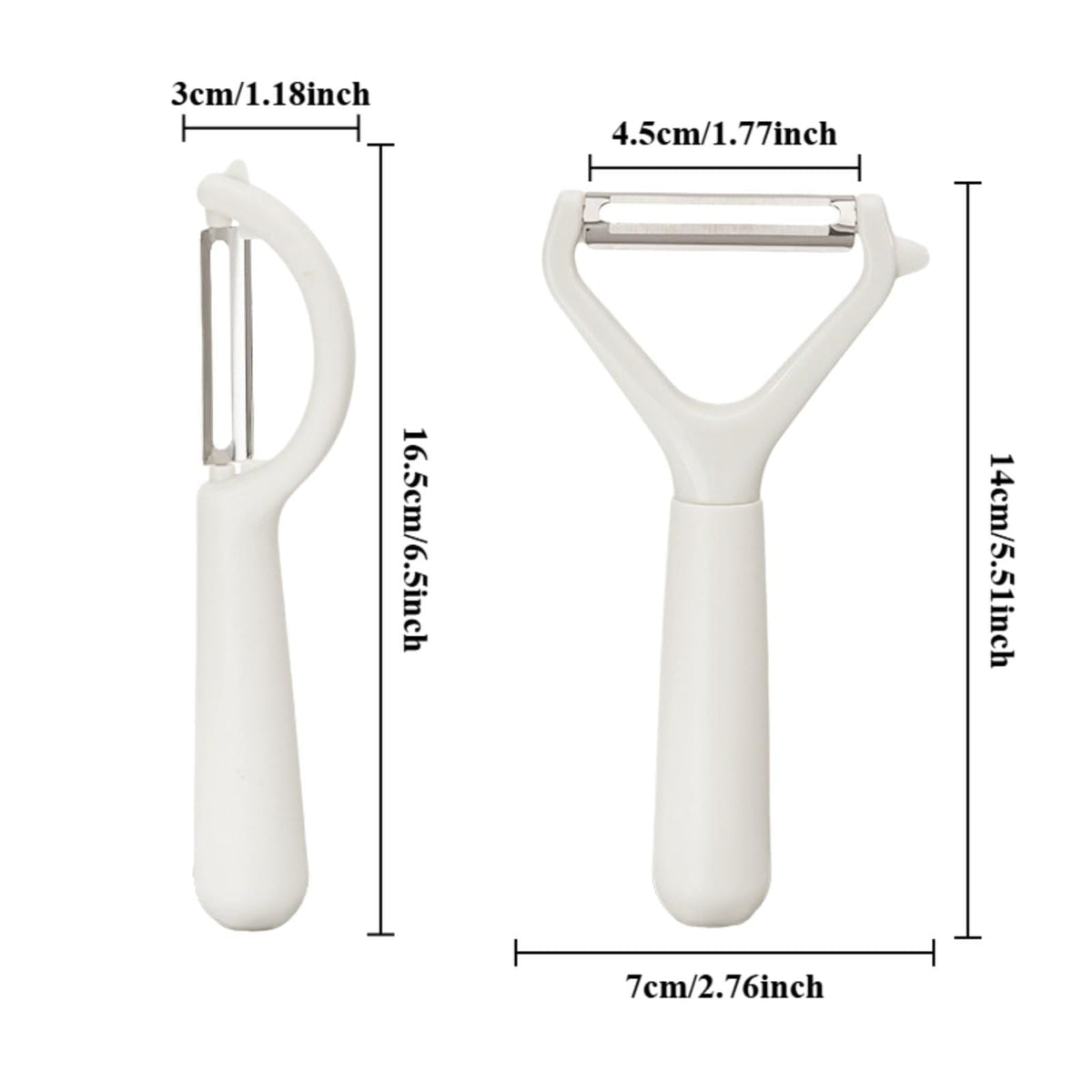 Swivel Vegetable Peeler with a white plastic handle and horizontal stainless steel blade, shown from two sides with dimensions