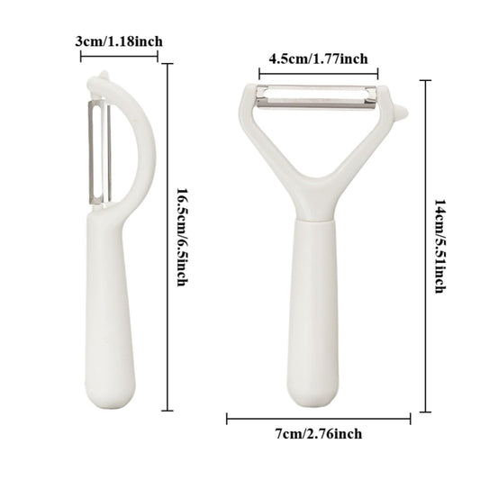 Swivel Vegetable Peeler with a white plastic handle and horizontal stainless steel blade, shown from two sides with dimensions