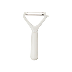 Swivel Vegetable Peeler with a white plastic handle and a horizontal stainless steel blade in a Y-shaped frame