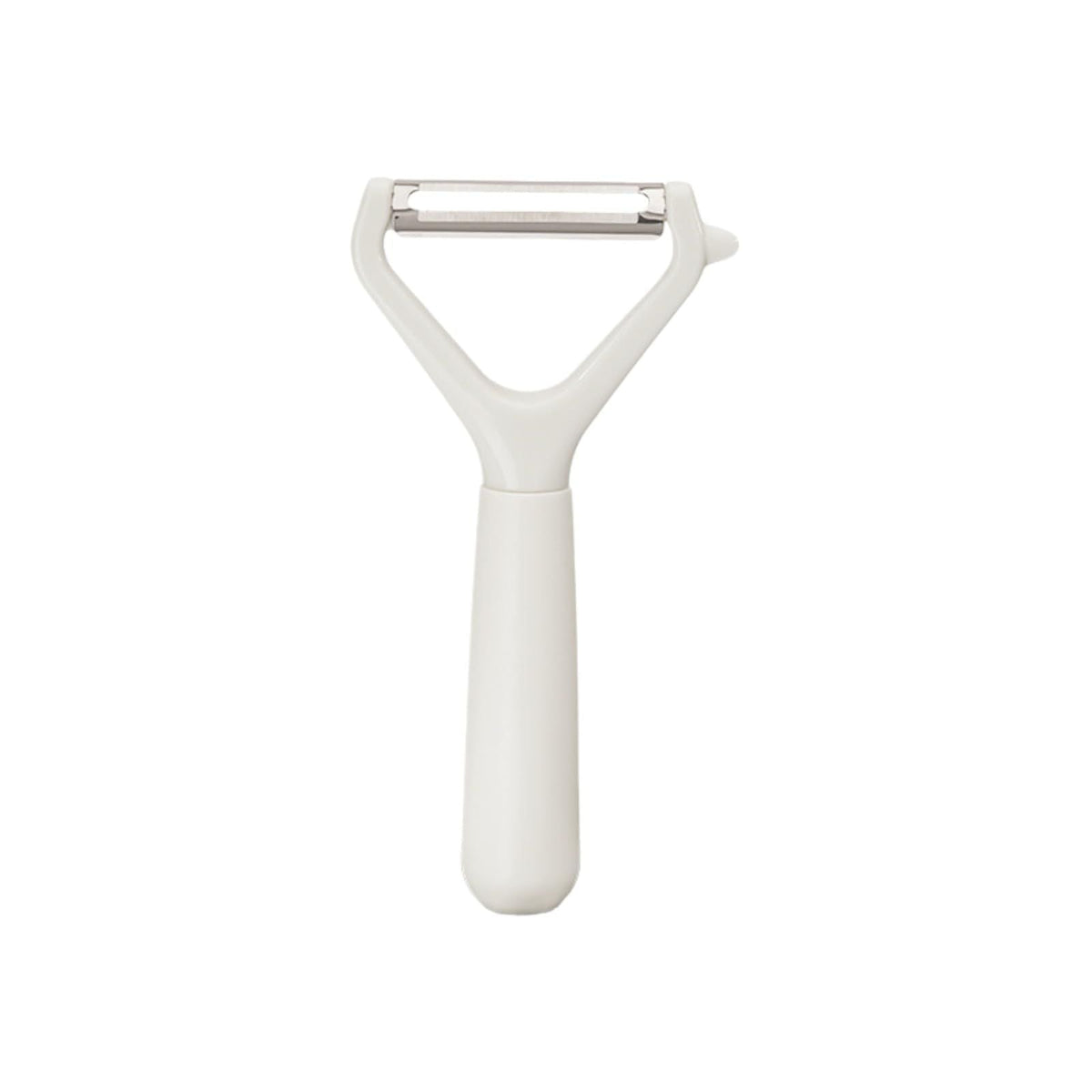 Swivel Vegetable Peeler with a white plastic handle and a horizontal stainless steel blade in a Y-shaped frame