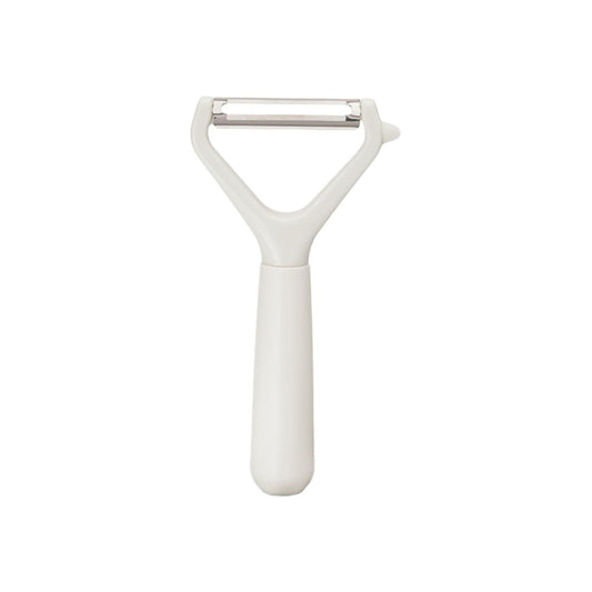 Swivel Vegetable Peeler with a white plastic handle and a horizontal stainless steel blade in a Y-shaped frame