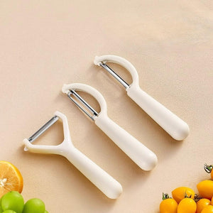 Swivel Vegetable Peeler with a white plastic handle and stainless steel blade, shown in three peeling styles
