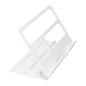 Tablet Stand Portable white plastic adjustable stand with open-frame back, foldable support and raised device ledge