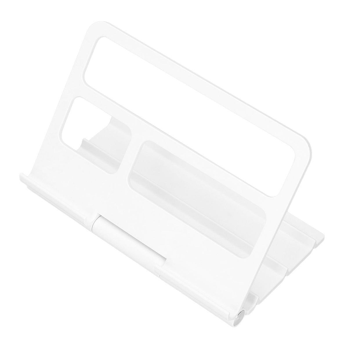 Tablet Stand Portable in white plastic with an adjustable folding frame, wide device rests and open rectangular cutouts.