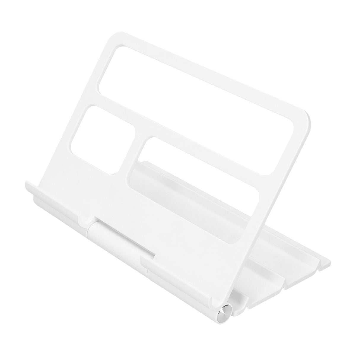 Tablet Stand Portable white adjustable stand with an open frame, multiple device supports and a folding rear brace