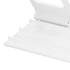 Tablet Stand Portable in white with a smooth rigid platform, raised device supports and an adjustable hinged backrest.