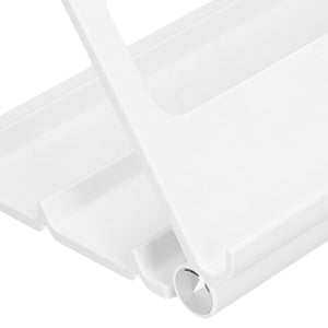 Tablet Stand Portable in white with a hinged adjustable support arm and circular silver pivot joint