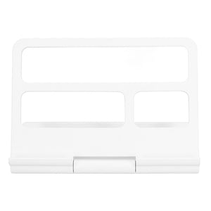 Tablet Stand Portable white adjustable stand with a flat back panel, three cutout openings and a hinged base