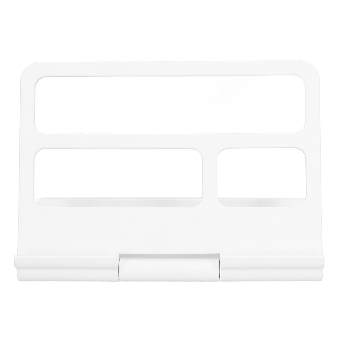 Tablet Stand Portable white adjustable stand with a flat back panel, three cutout openings and a hinged base