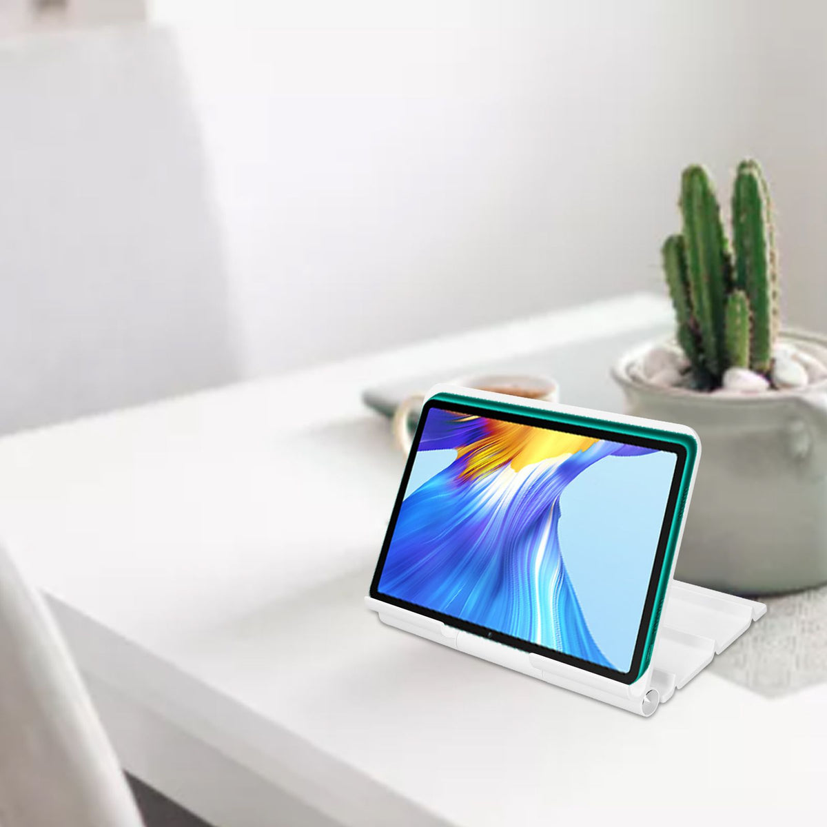 Tablet Stand Portable, white adjustable stand with a tablet resting at an angled viewing position