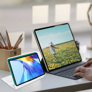 Tablet Stand Portable, white multi-angle adjustable holder supporting a tablet, with a slim white frame and base