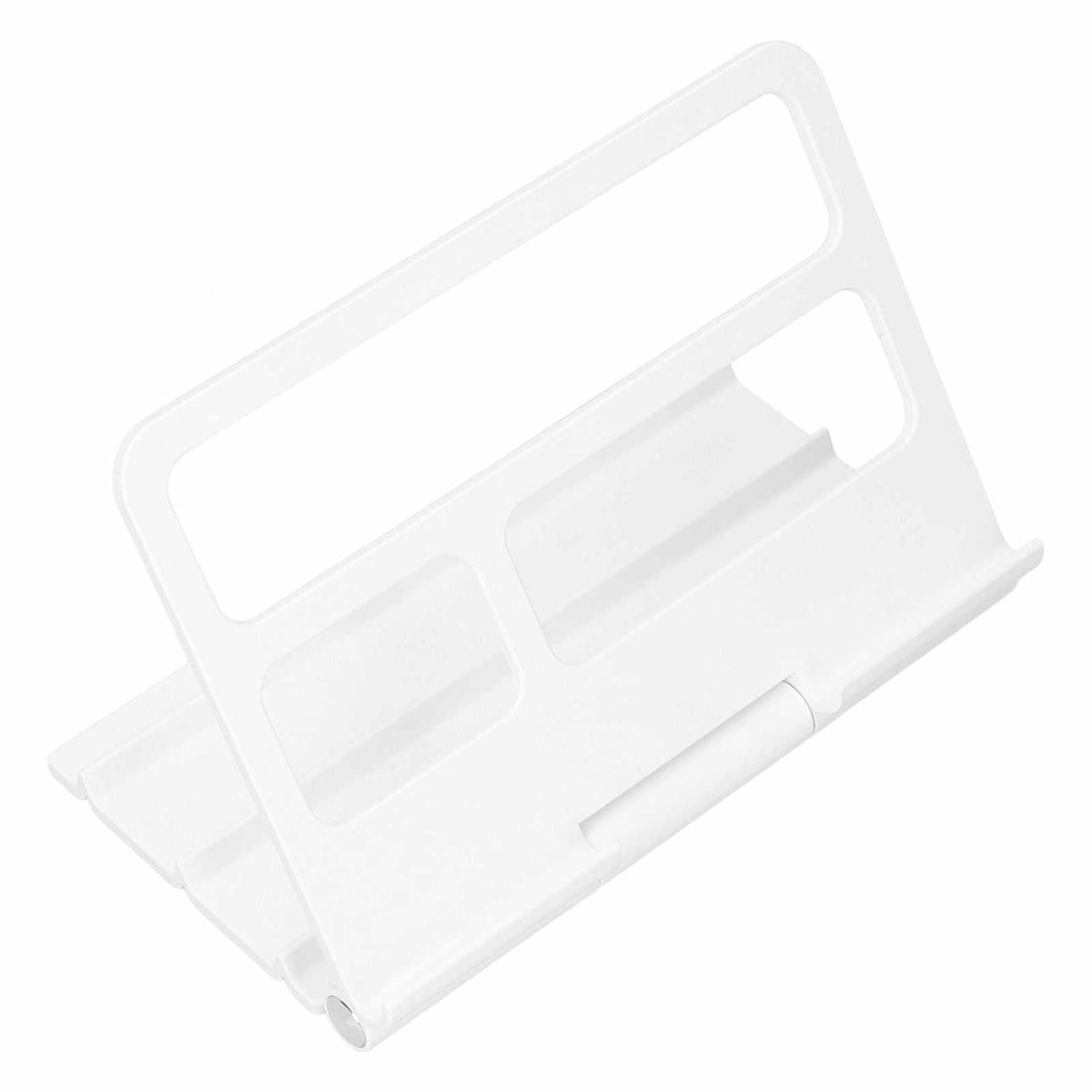 Tablet Stand Portable in white, with a lightweight molded frame, open slots, and an adjustable hinged support.