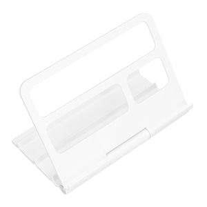 Tablet Stand Portable in white lightweight plastic, with a folding frame, adjustable support, and wide device slots