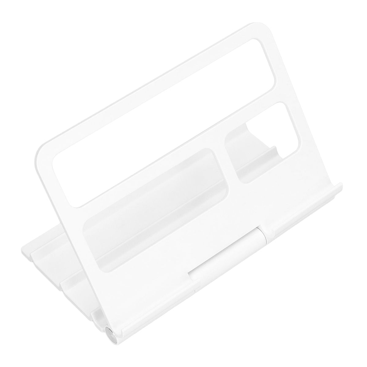 Tablet Stand Portable in white lightweight plastic, with a folding frame, adjustable support, and wide device slots