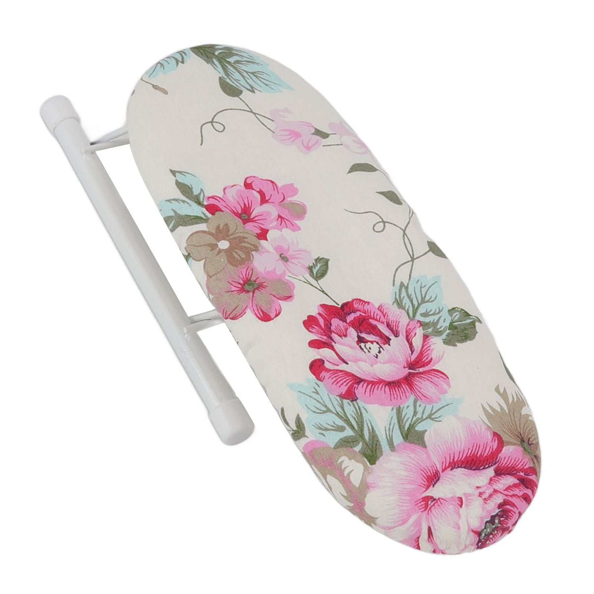 Tabletop Ironing Board with a cream fabric cover, pink peony floral pattern, and a white foldable metal frame
