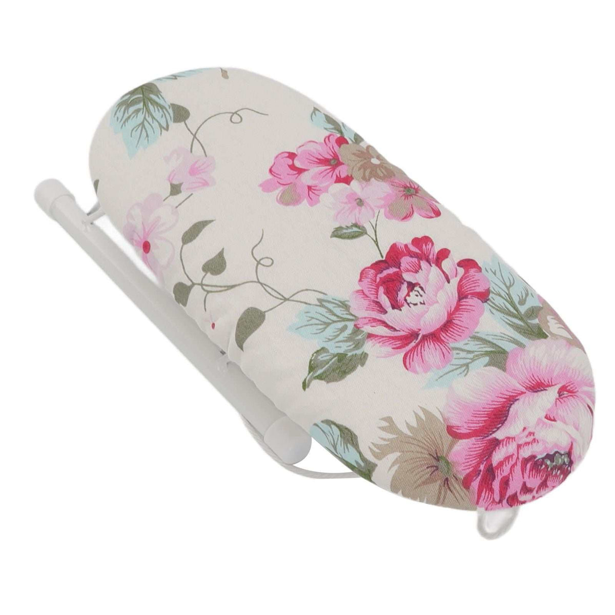 Tabletop Ironing Board with cream fabric cover, pink peony and green leaf print, and white folding metal legs