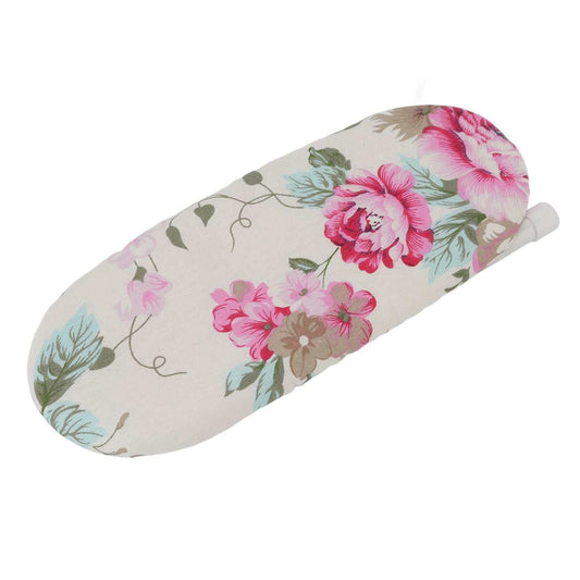Tabletop Ironing Board with a cream fabric cover, pink peony flowers and muted green leaves in a floral pattern