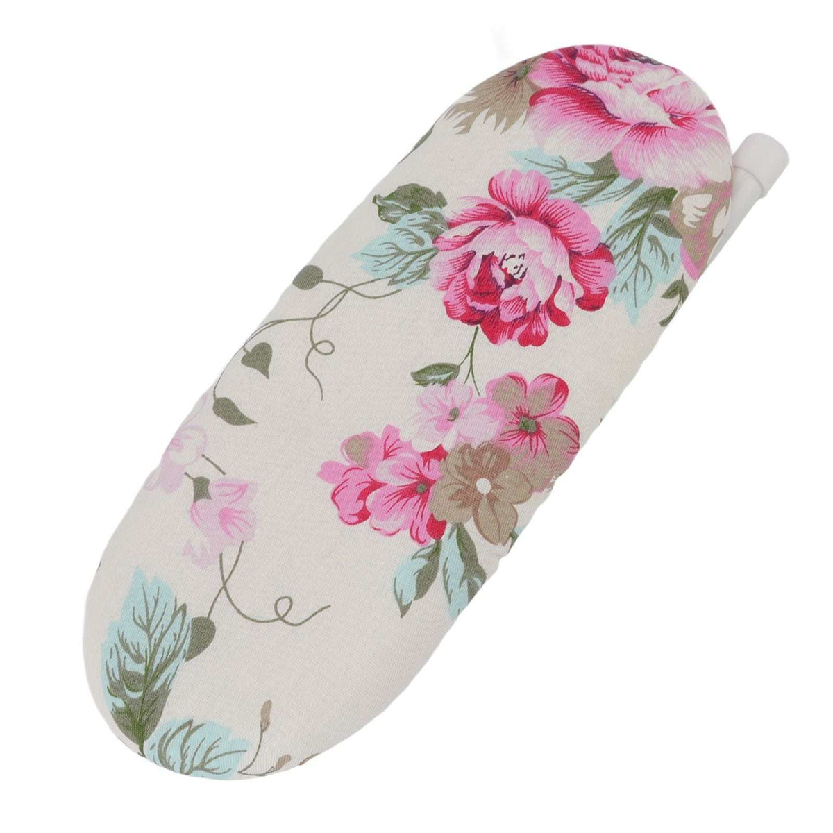Tabletop Ironing Board with a cream fabric cover, vivid pink peony flowers and muted green leaves, with a compact rounded shape