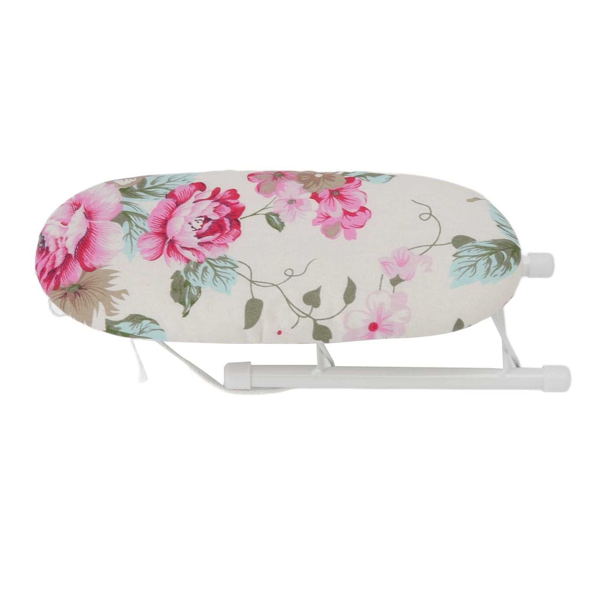 Tabletop Ironing Board with cream heat-resistant cloth, pink peony floral pattern and foldable white steel frame