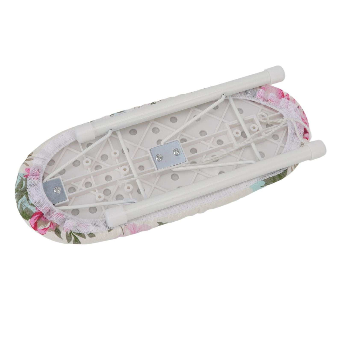 Tabletop Ironing Board with a white steel folding frame and pink peony floral fabric cover, shown folded underneath