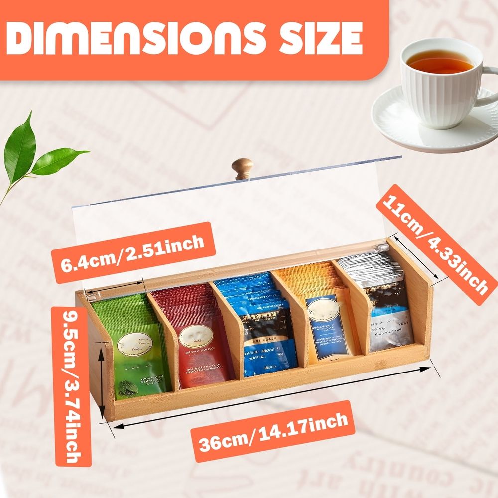 Tea Bag Organizer in natural bamboo with a clear lid, five compartments holding colorful tea packets and metal hinges