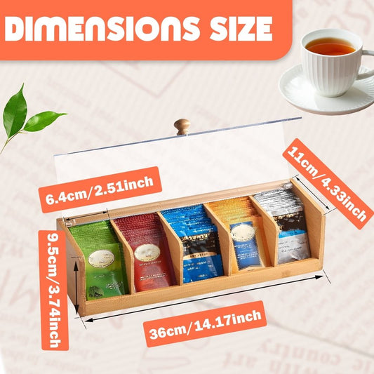 Tea Bag Organizer in natural bamboo with a clear lid, five compartments holding colorful tea packets and metal hinges