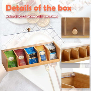 Tea Bag Organizer made of natural bamboo with a clear hinged lid, five compartments, and smooth wood grain.