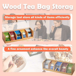 Tea Bag Organizer with a natural bamboo frame and clear lid, divided into five compartments for tea packets