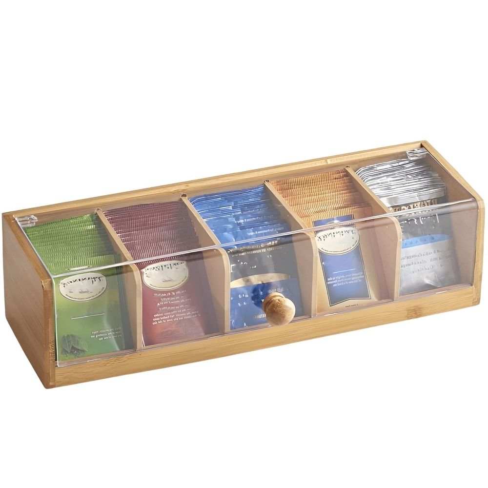 Tea Bag Organizer in natural bamboo with a clear acrylic lid, five compartments holding assorted tea packets