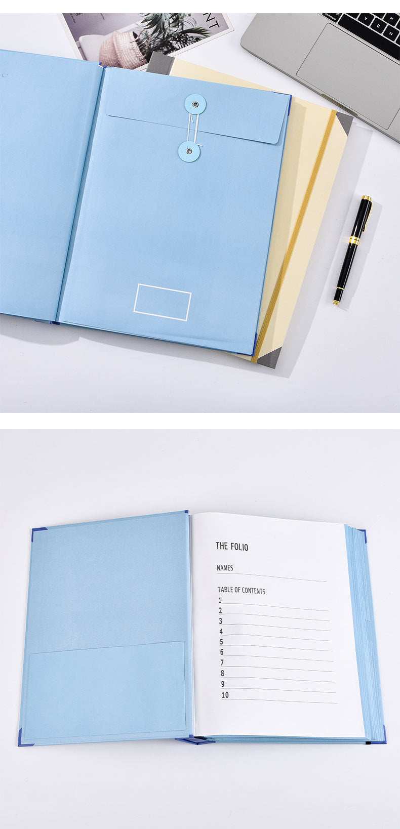 Accordion file binder, (Thick Version)Blue Accordion File, in light blue with a button-closure envelope and elastic cord.