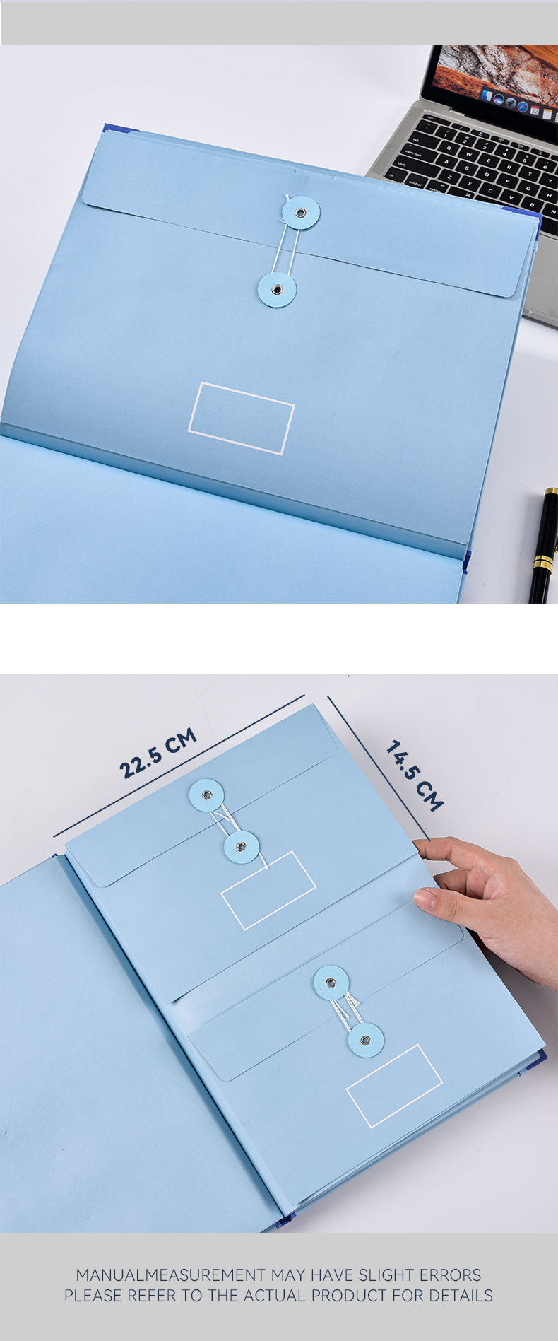 (Thick Version)Blue Accordion File in light blue textured cardboard with elastic button closures and a blank label frame