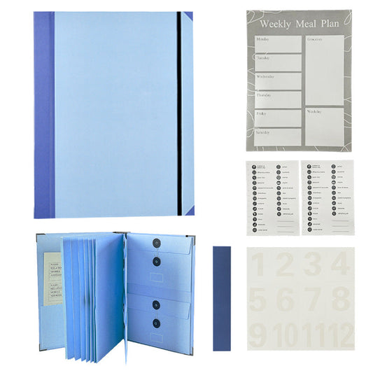 (Thick Version)Blue Accordion File with a light blue cover, darker blue spine, elastic strap and pleated pockets