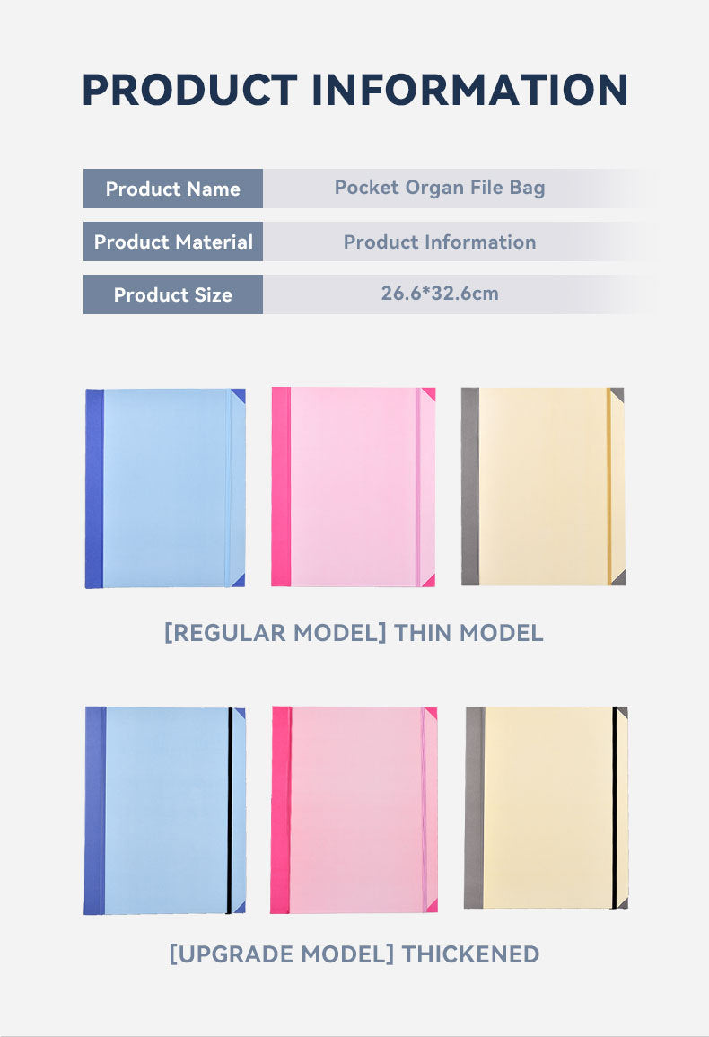 Accordion file folder in blue with a thickened design, elastic side closure and a plain cover shown among colour options