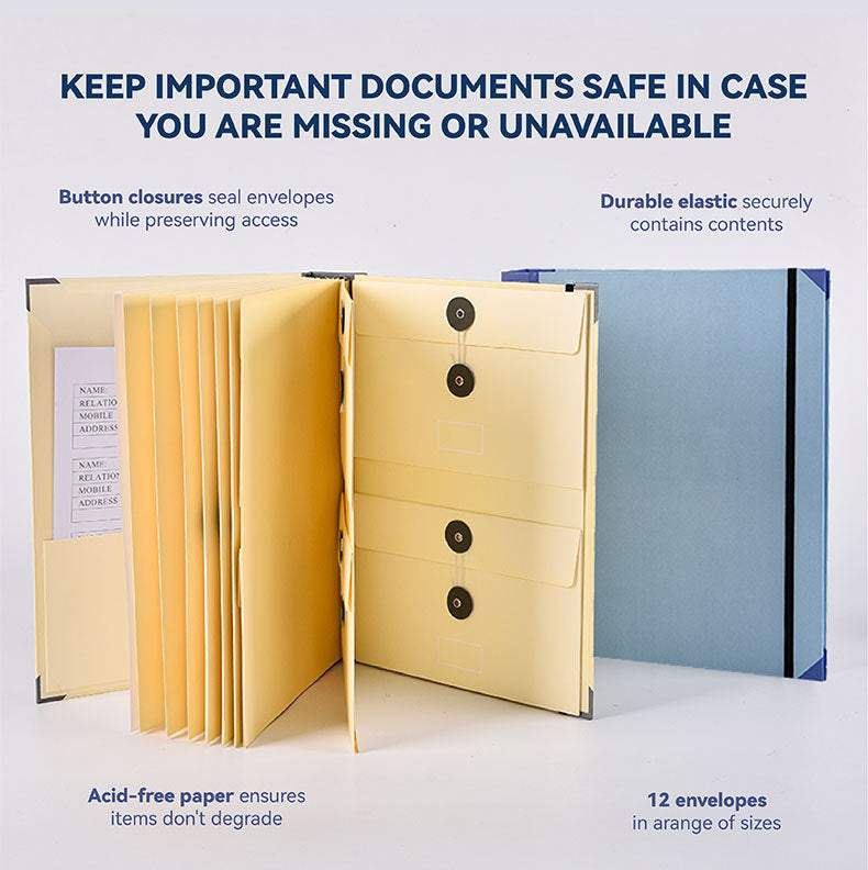 (Thick Version)Blue Accordion File with blue cardboard covers, yellow gusseted pockets and button closures
