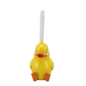 Toilet Brush Little Yellow Duck in glossy yellow resin and ABS, with an orange beak, feet and white ribbed handle.