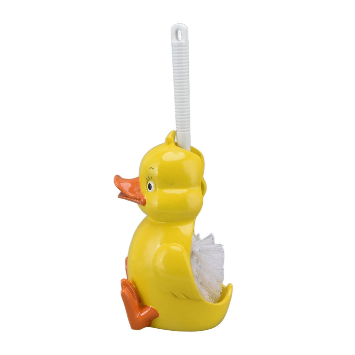 Toilet Brush Little Yellow Duck with a glossy yellow duck-shaped holder, orange beak and feet, white bristles and handle