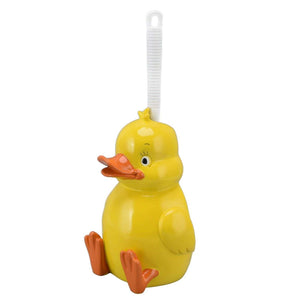 Toilet Brush Little Yellow Duck in glossy yellow duck-shaped resin holder with orange beak and feet, white handle